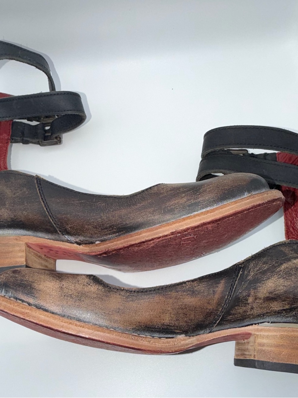 Freebird by Steven Black and Brown Distressed Leather Heels with Red Sole Accent